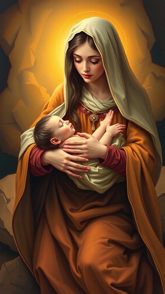 Nativity painting of Mary with Jesus, surrounded by a warm glow and intricate details.